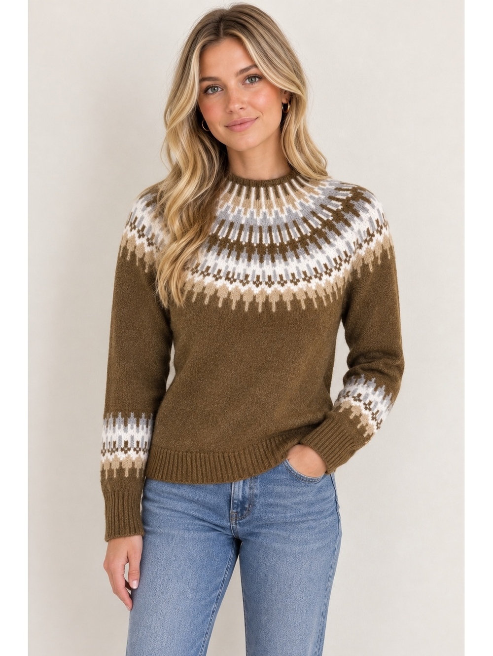 CeCe Women's XS Brown Nordic Pattern Mock Neck Sweater, Acrylic Blend